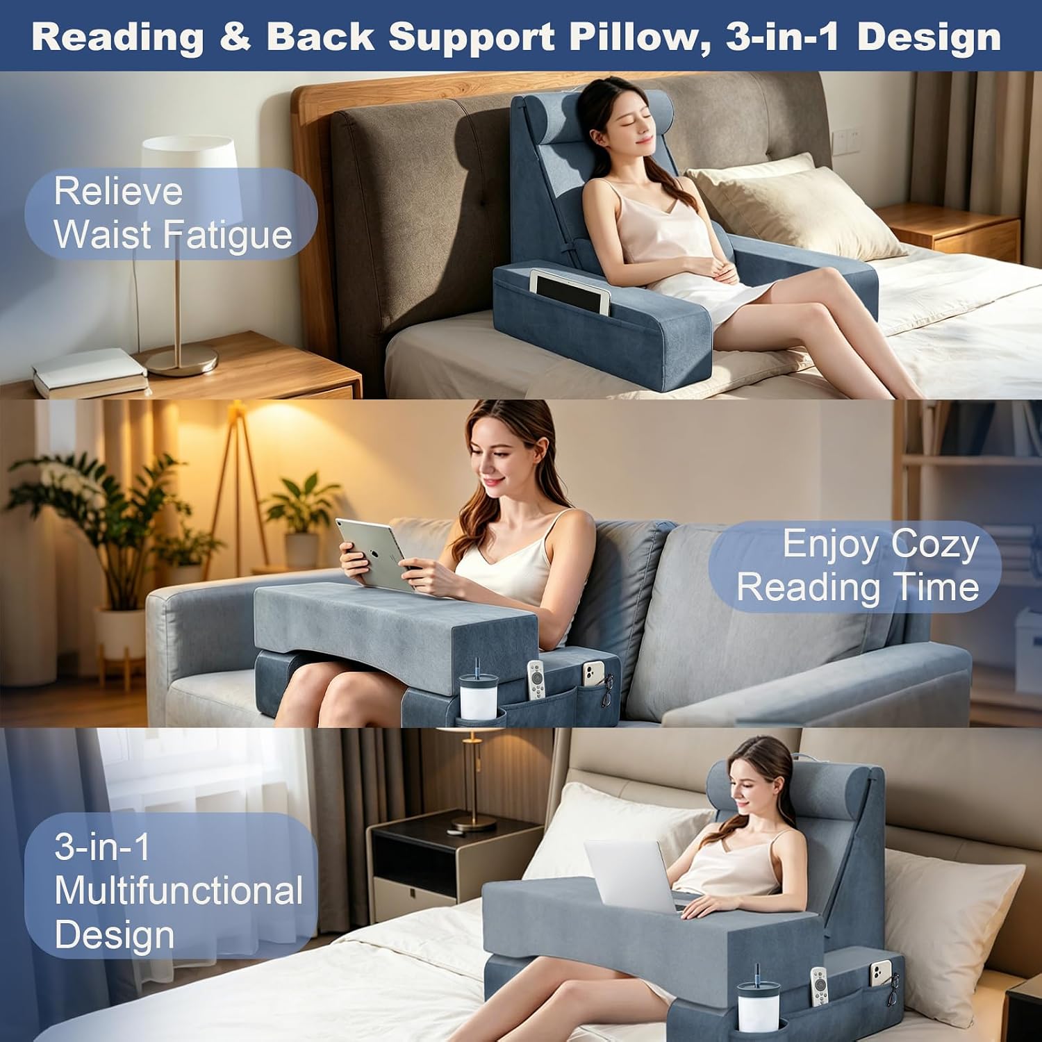 3‐in‐1 Reading Pillow for Bed with Detachable Sponge Lap Desk, Wedge Pillow Set for After Surgery with Adjustable Headrest & Independent…