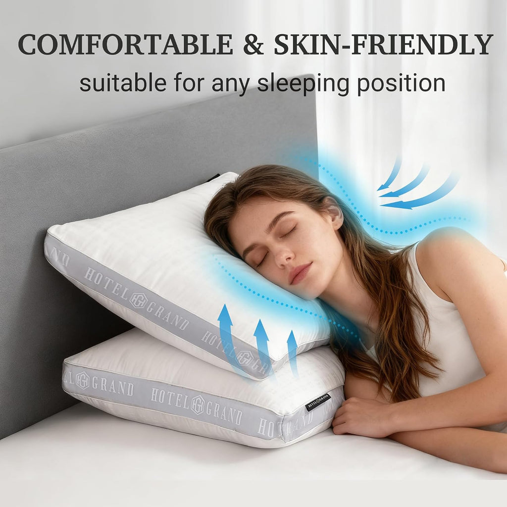 HotelGrand Hotel Grand Bed Pillows Queen Size Set of 2, 500 Thread Count Cotton Cover, Down Alternative Hotel Pillow for Side, Back, or Sto…