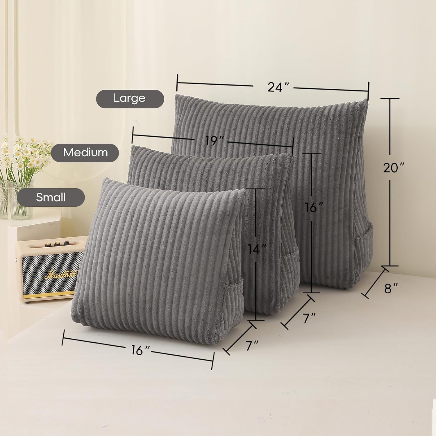 Corduroy Wedge Reading Pillow for Bed, 3 Sizes, 4 Colors for Bed, Sofa, Office Chair (Grey, Medium 19 * 16 * 7in)