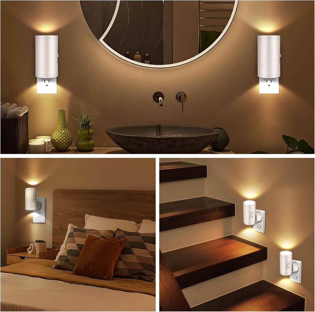 4 Pack LED Plug-in Wall Night Light with Dimmable 0-300 Lumens, 3000K Soft White, Auto On/Off Light Sensor & Adjustable Head for Hallway…