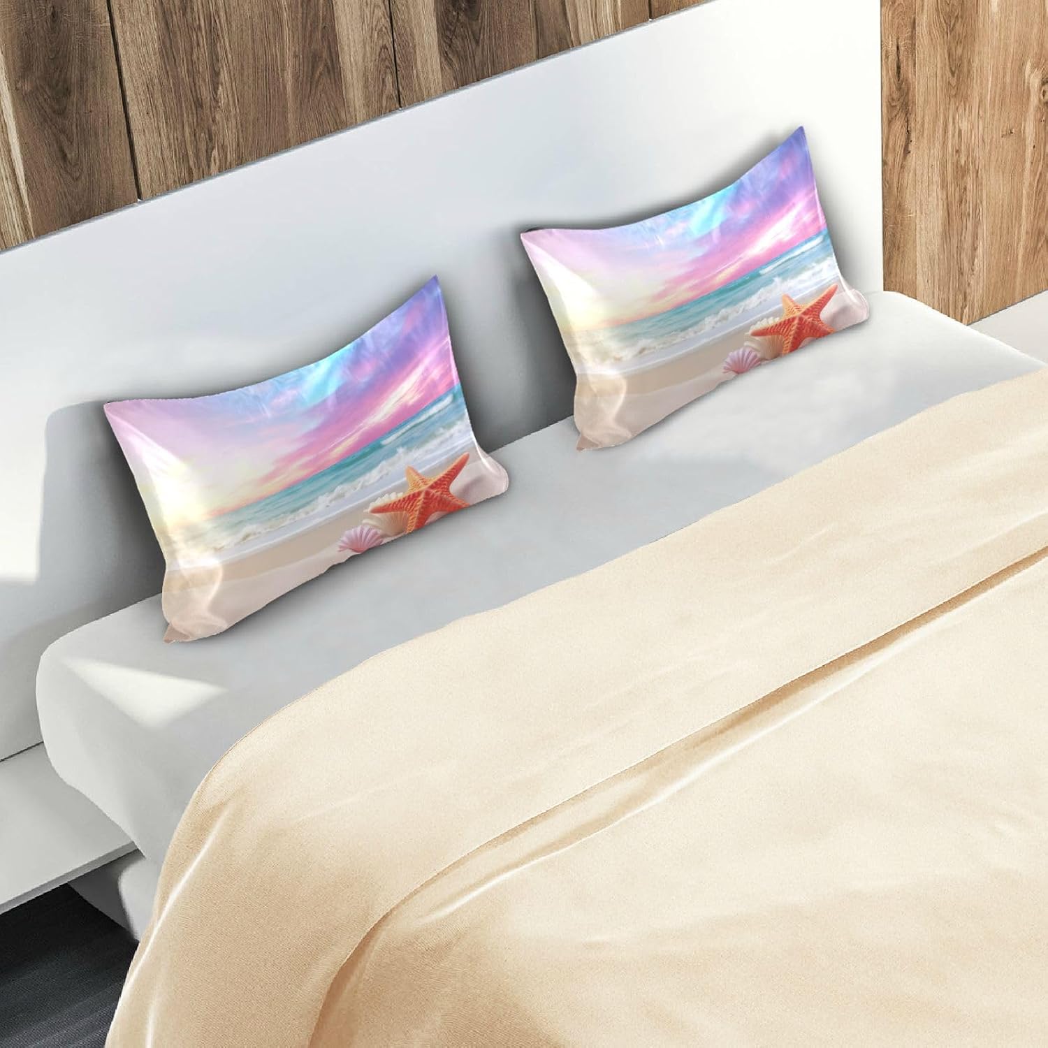 YETTASBIN Starfish Beach Satin Pillowcase, Soft Breathable Silk Pillow Case with Envelope Closure for Hair and Skin, Queen Size 30 x 20 Inch