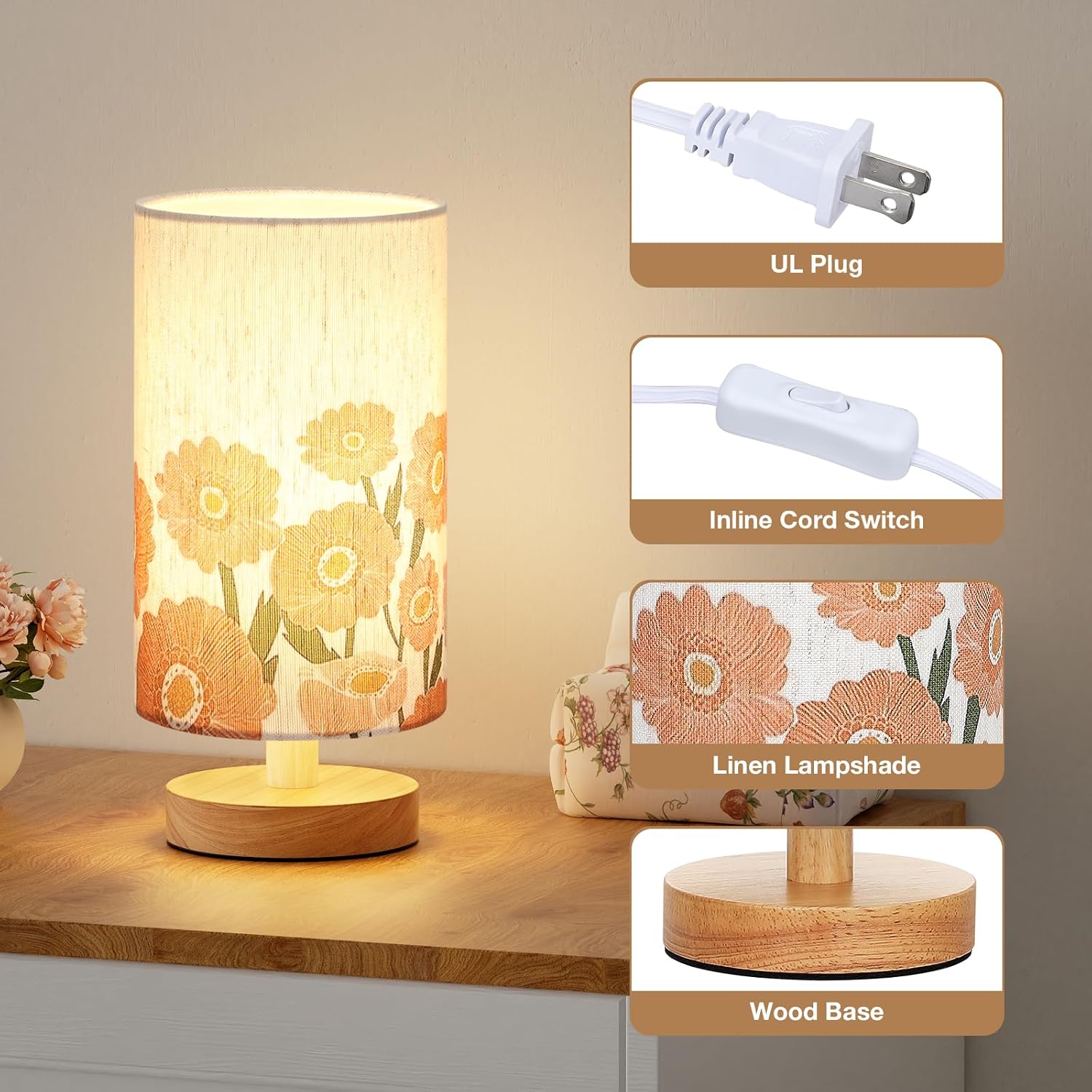 Fenmzee Sunflower Table Lamp for Bedroom - Inline Control, Small Bedside Lamp with 3000K A15 LED Blub, Easy Assembly (Sunflower Cream…