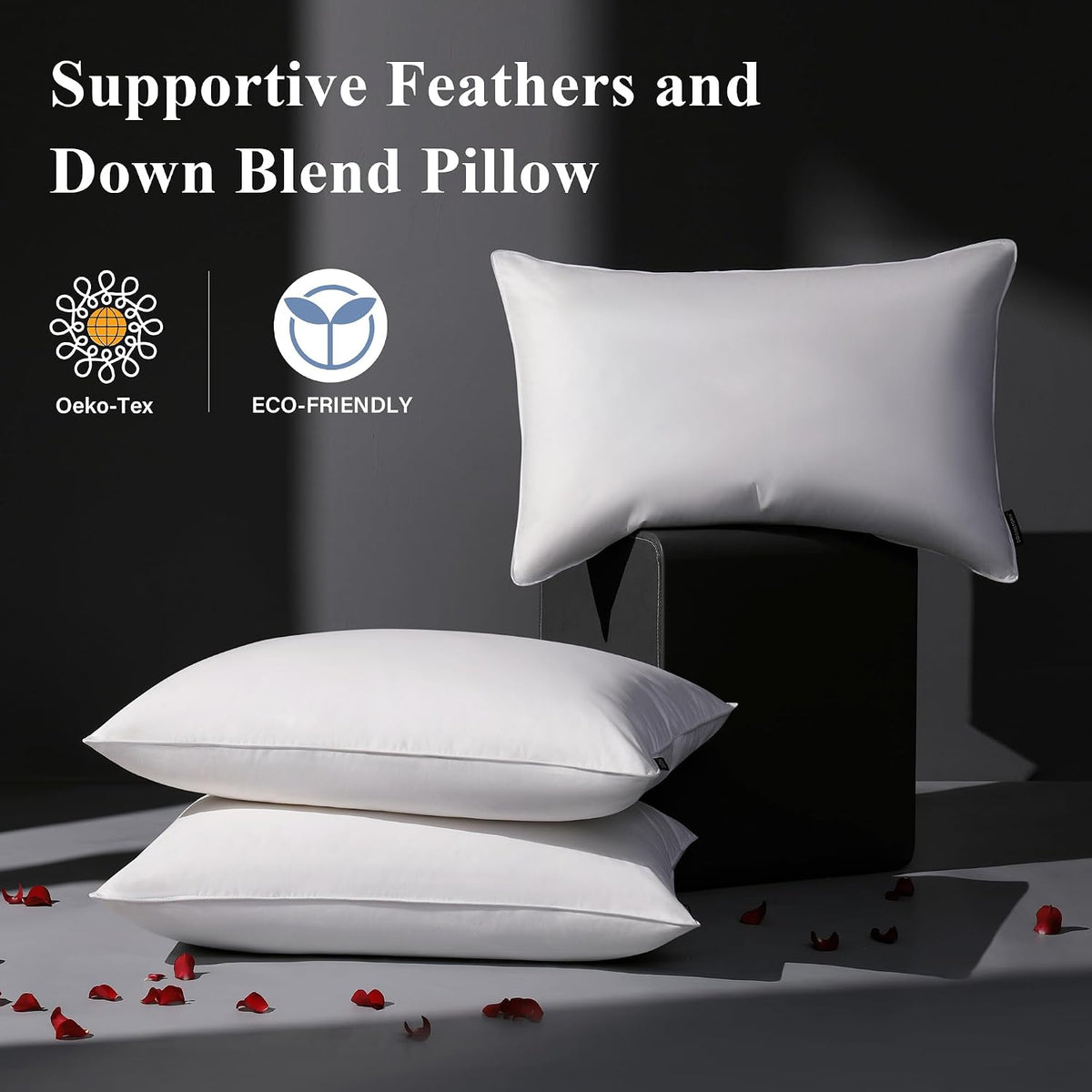 DOWNSTORIA Goose Feather Down Pillow Queen Size Set of 2, Hotel Collection Bed Pillows for Sleeping, 2 Pack, Down Surrounded Soft Medium…