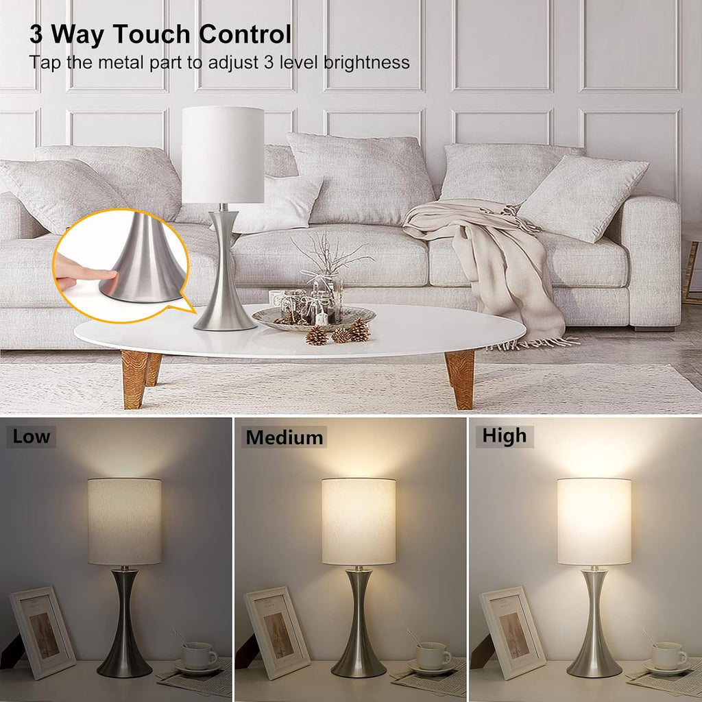 Touch Control Table Lamp, 3-Way Dimmable Bedside Lamp for Living Room, Modern Nightstand Lamp for Bedroom, Silver Table Lamp with White…