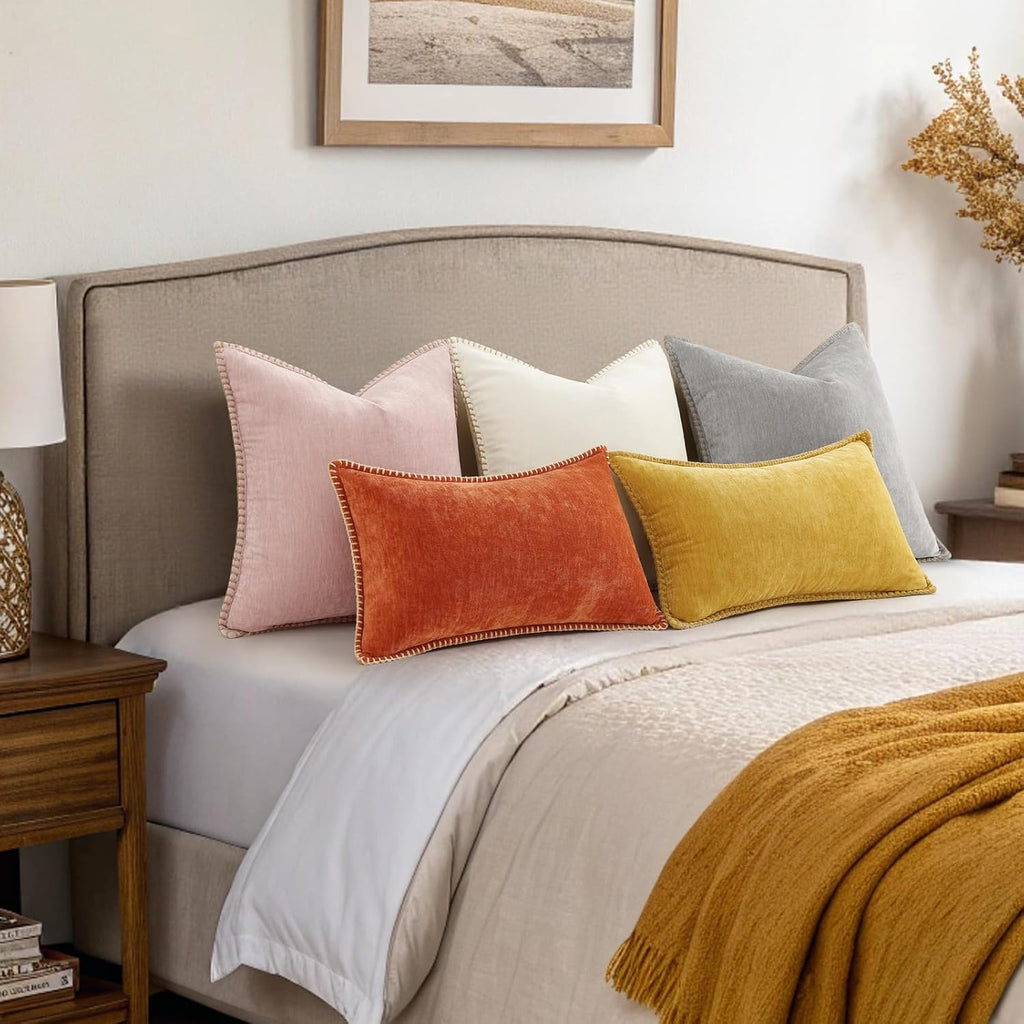 decorUhome Summer Chenille Soft Cozy Throw Pillow Covers 12x20 Set of 2, Modern Farmhouse Boho Velvet Decorative Pillow Cases with Stitched…