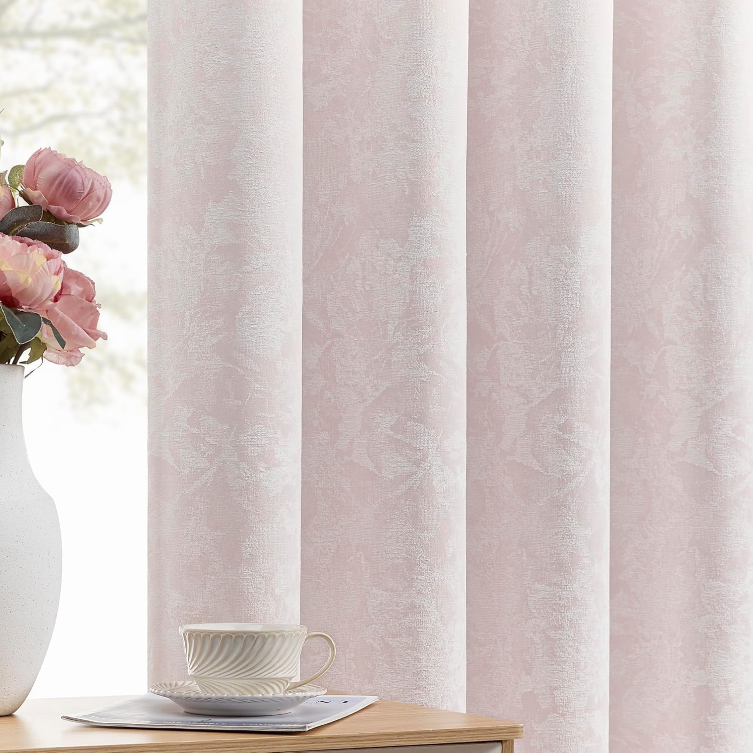 Beauoop Pink Floral Jacquard Blackout Curtains 96 Inches Long 2 Panels for Girls Bedroom Living Room Chenille Flower Room Darkening…