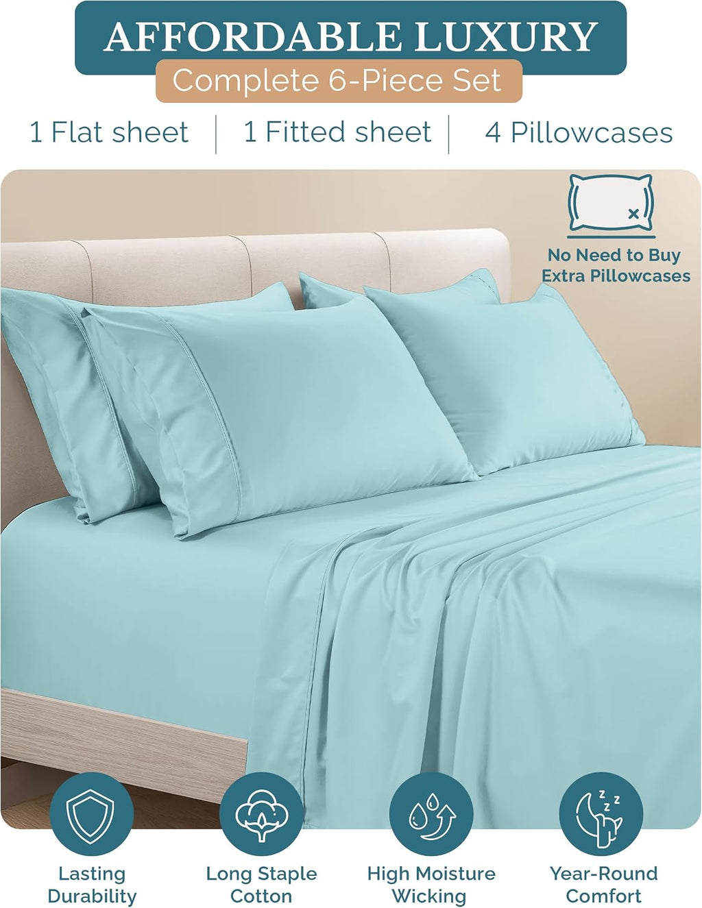 Casa Platino King Size Sheets, 500 Thread Count Smooth Sateen 100% Cotton, 6 Piece King Bed Sheets with Flat Sheet, 15 Inch Deep Pocket…