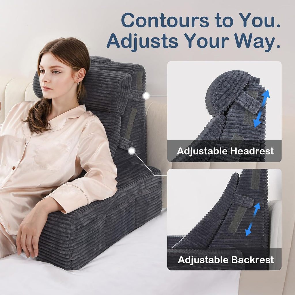 Vekkia Adjustable Reading Pillow & Back Pillow with Backrest – Zoned Multi-Density Foam for Targeted Support, XL Side Pockets – Bed Chair f…