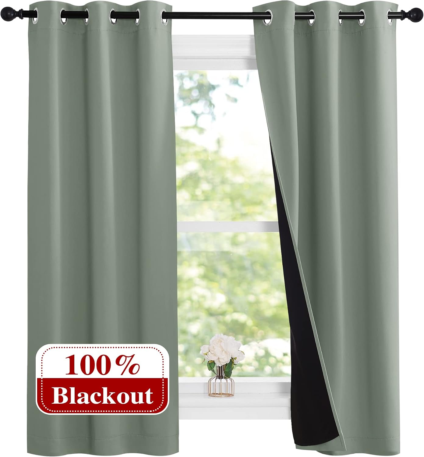 Nicetown Greyish Green 100% Blackout Lined Curtains, 2 Thick Layers Narrow Wide Window Treatment Panels Thermal Insulated Drapes for Kitche…
