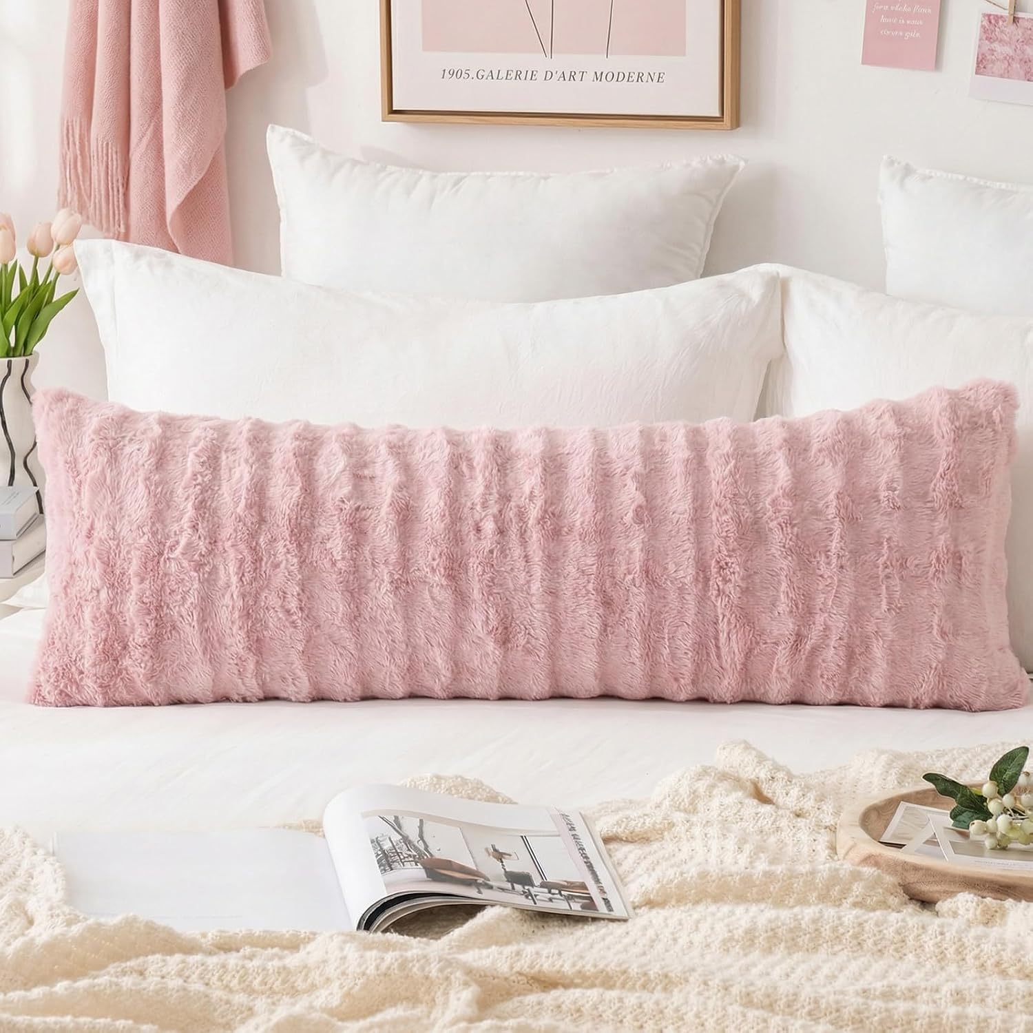 Chumerry Blush Pink Plush Body Pillow Case Fluffy Shaggy Faux Fur Pillow Cover Ultra Soft Warm Rabbit Fur Decorative Body Pillow Cover Long…