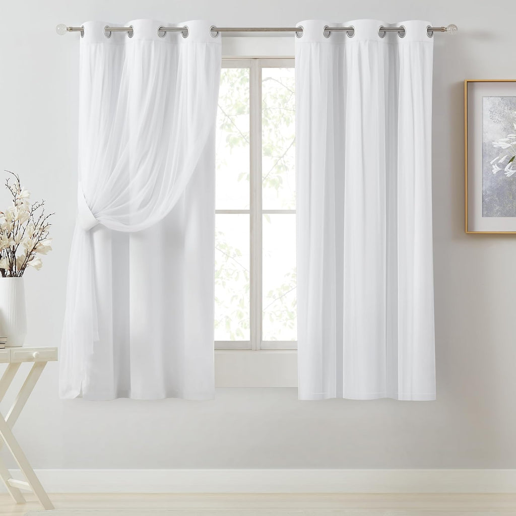 Bujasso White Full Blackout Curtain Panels with Sheer Overlay Mix and Match Double Layer Thermal Insulated Window Treatment Set for Living…