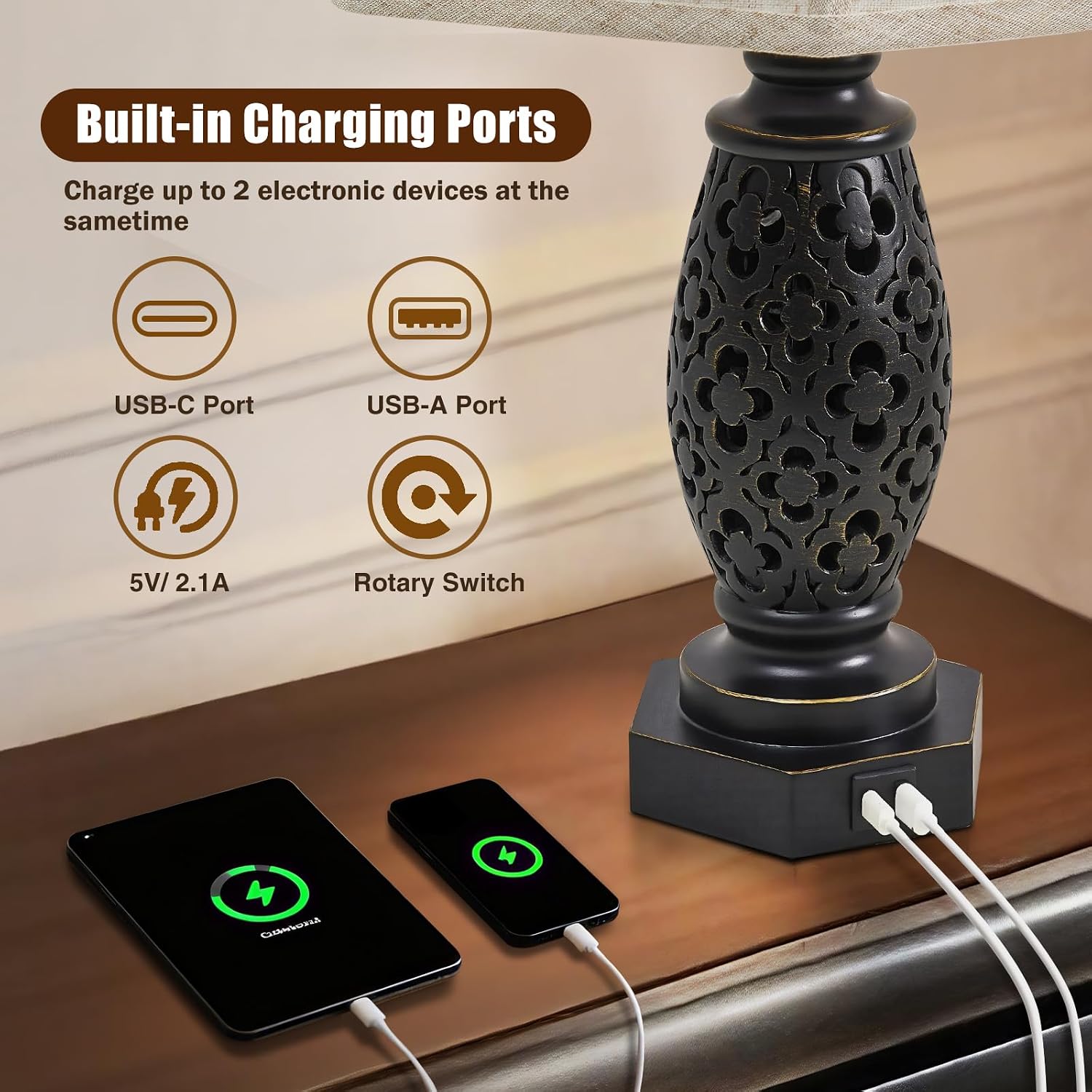 EJIAXIN Table Lamps Set of 2-23.5" Vintage Bedside Lamp with USB A+C and Nightlight - Black Carved Resin Retro Desk Lamp for Bedrooms…