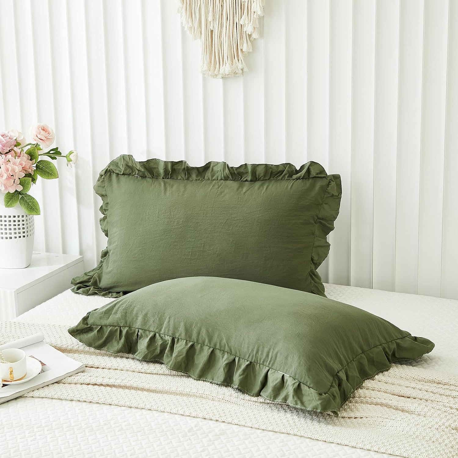 Merryword Shabby Chic Olive Green Ruffled Fringe Set of 2 Pillowcases - King (20''x36'') Green