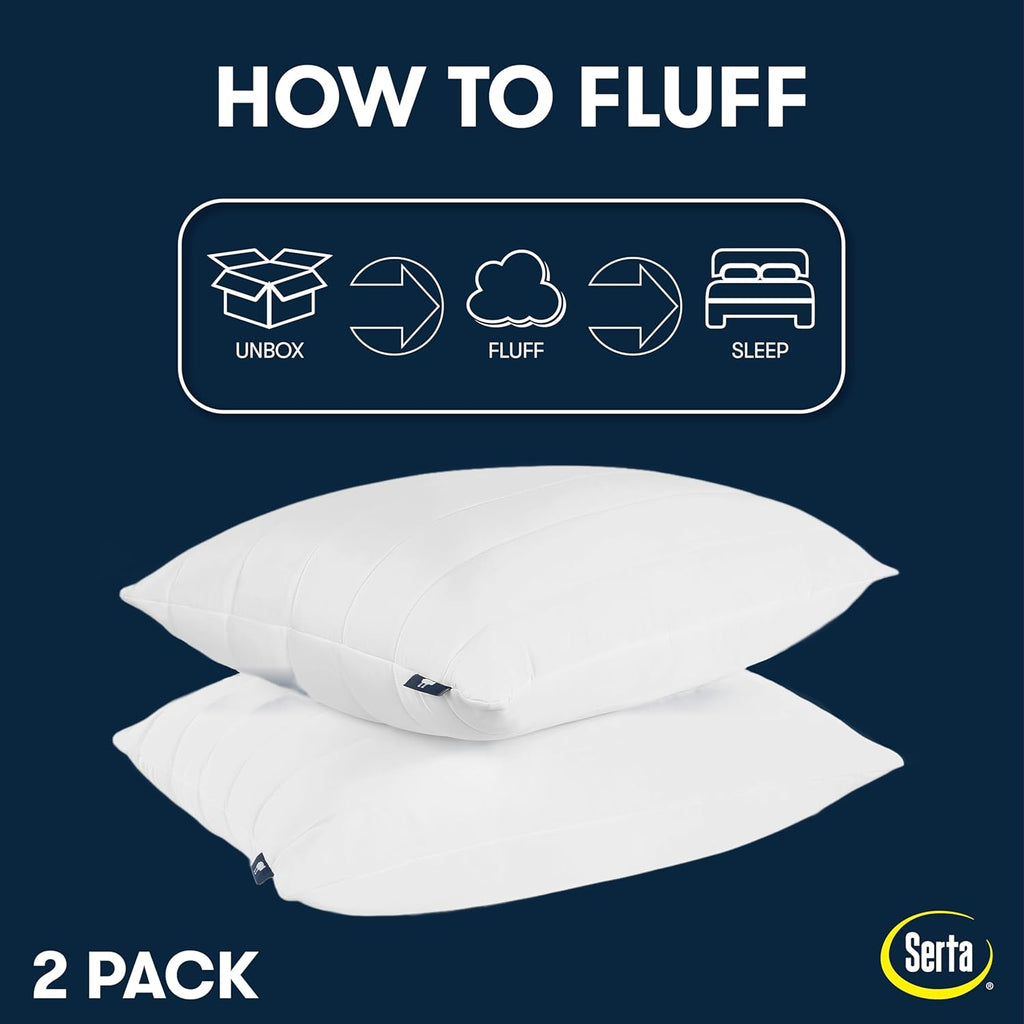 Serta Down Illusion Cooling Quilted Hypoallergenic Soft/Medium Bed Pillows for Side, Stomach or Back Sleepers (2 Pack), King, White 2 Pack…