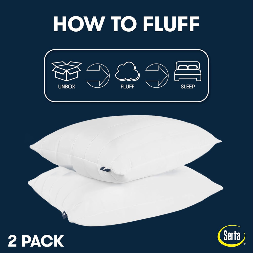 Serta Down Illusion Cooling Quilted Hypoallergenic Soft/Medium Bed Pillows for Side, Stomach or Back Sleepers (2 Pack), Standard/Queen, Whi…