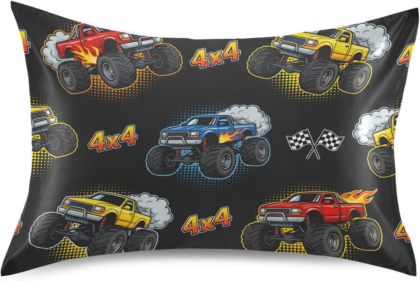 Monster Truck Fire Black Print Pillow Covers Silk Pillowcase for Hair and Skin Soft Breathable Smooth Cooling Satin Pillowcase King Size…