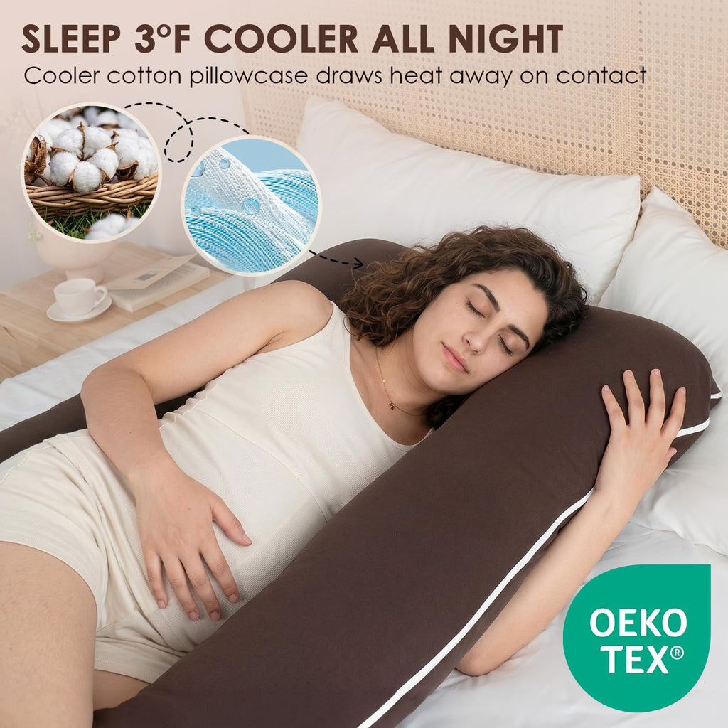 Queenrose QUEEN ROSE U Shaped Pregnancy Pillow, Breathable Cotton Full Body Support for Maternity, Coffee Cotton