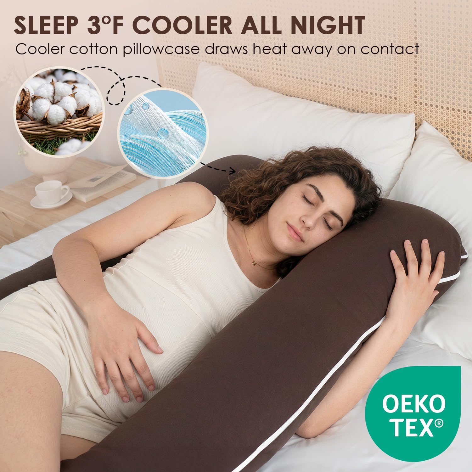 Queenrose QUEEN ROSE U Shaped Pregnancy Pillow, Breathable Cotton Full Body Support for Maternity, Coffee Cotton