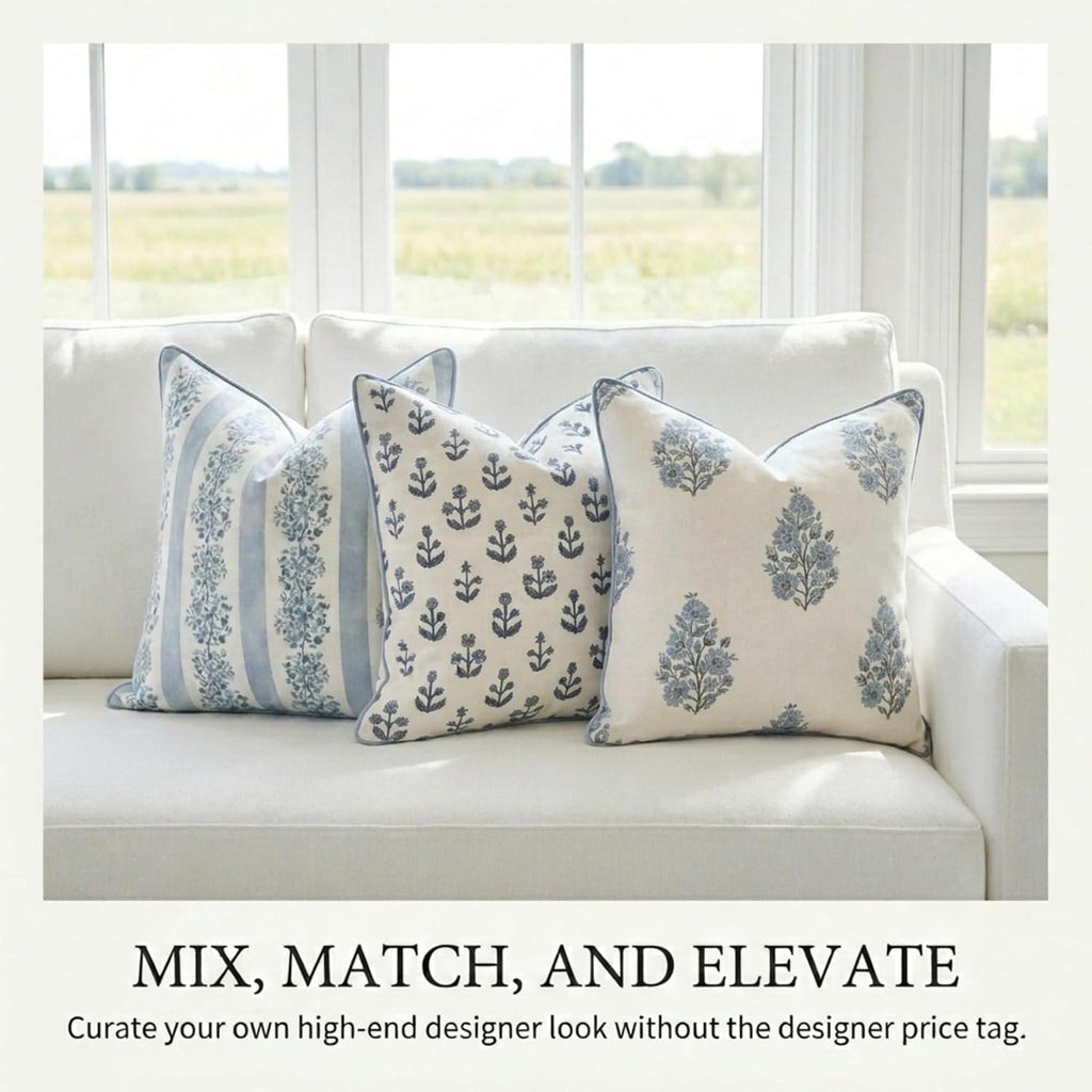 Jillien Harbor “The Juliet” Floral Block Print Pillow Cover – Soft Blue and Off-White Decorative Throw Pillow Cover – Grandmillennial…