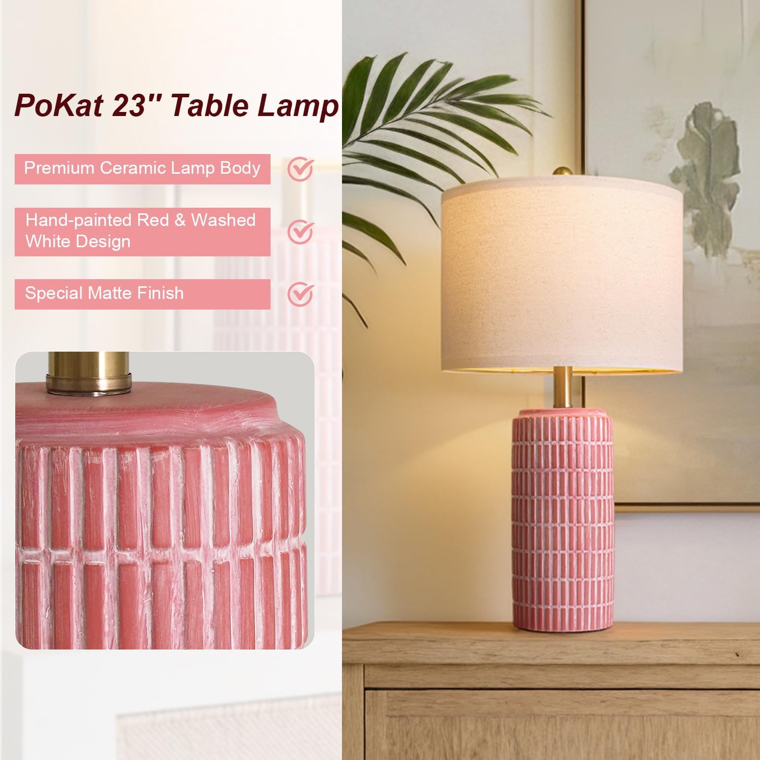 PoKat 23" Ceramic Table Lamps for Living Room, Farmhouse Bedside Lamps Set of 2 for Bedroom, Rustic Nightstand Lamps for Office Sideboard…