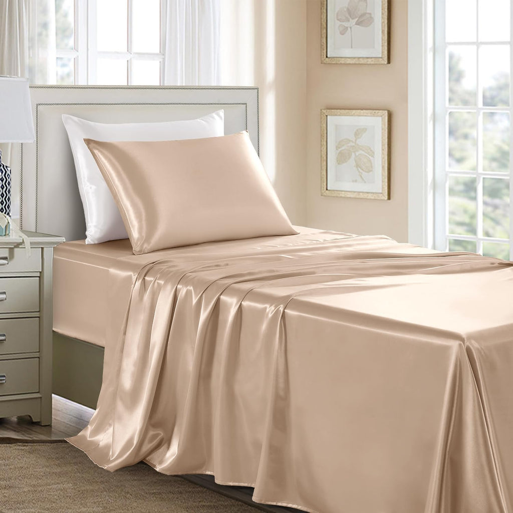 Golal Satin Sheets Twin Size - 3 Pieces Luxury Silky Soft Bed Sheets, Wrinkle-Free Champagne Satin Silk Sheet Set with 1 Deep Pocket Fitted…