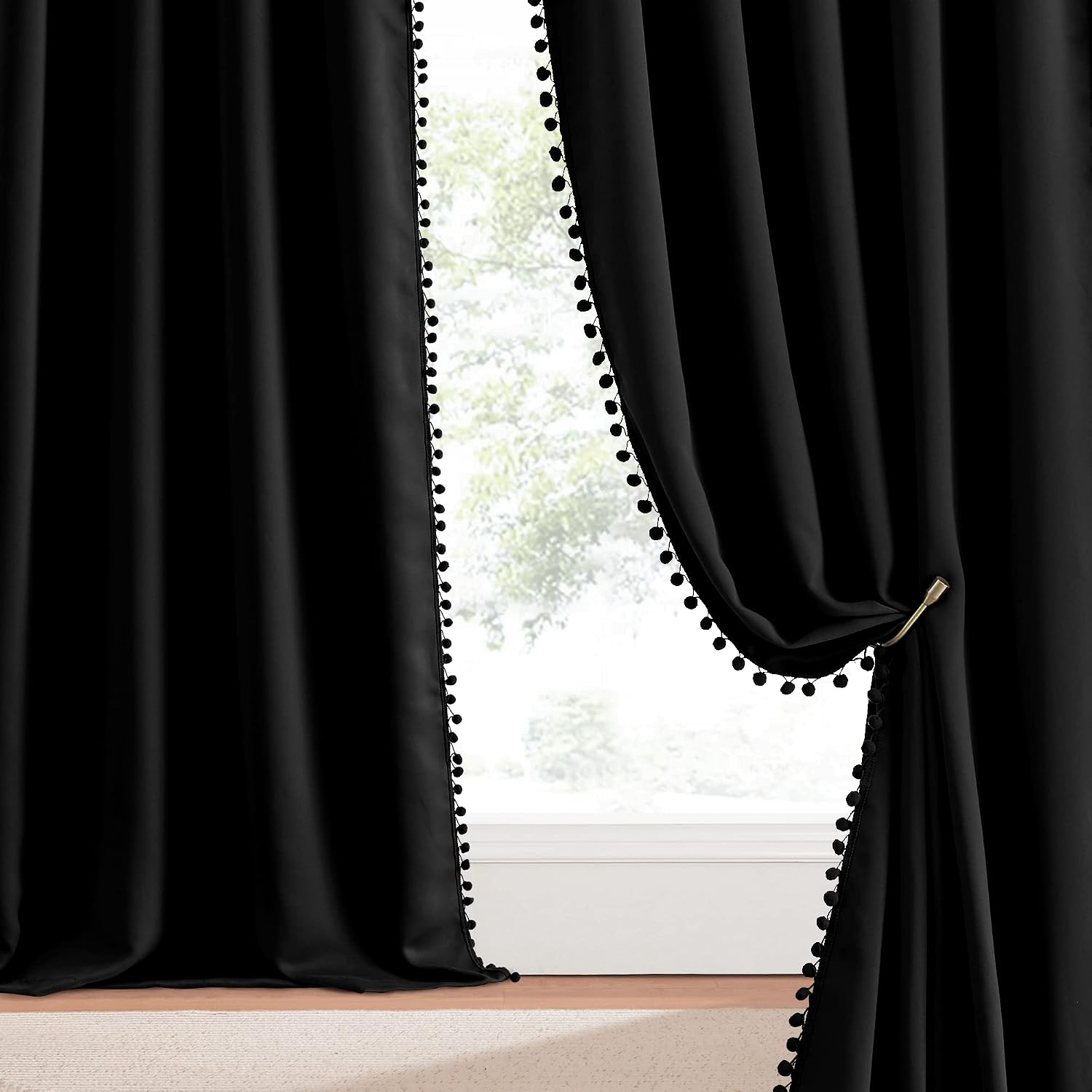 NICETOWN 2 Panels Blackout Curtains, Rod Pocket Pom Pom Curtains, Pretty Thermal Insulated Solid Farmhouse Drapes for Living Room, Patio…