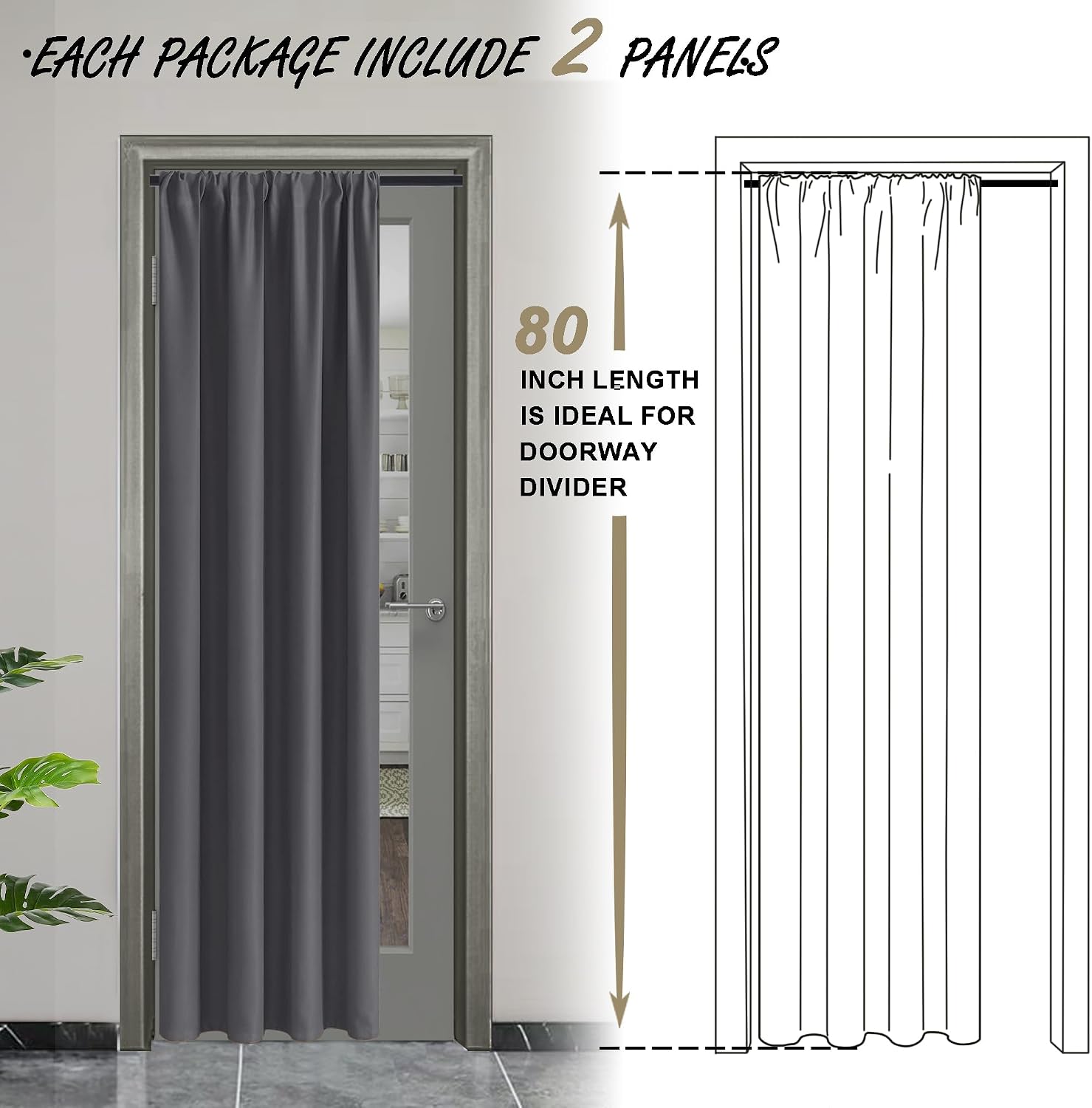 Jiuzhen Blackout Doorway Curtains 80 inch Length - 2 Panels Thermal Insulated Privacy Soundproof Rod Pocket Closet Door Curtains Room Divid…