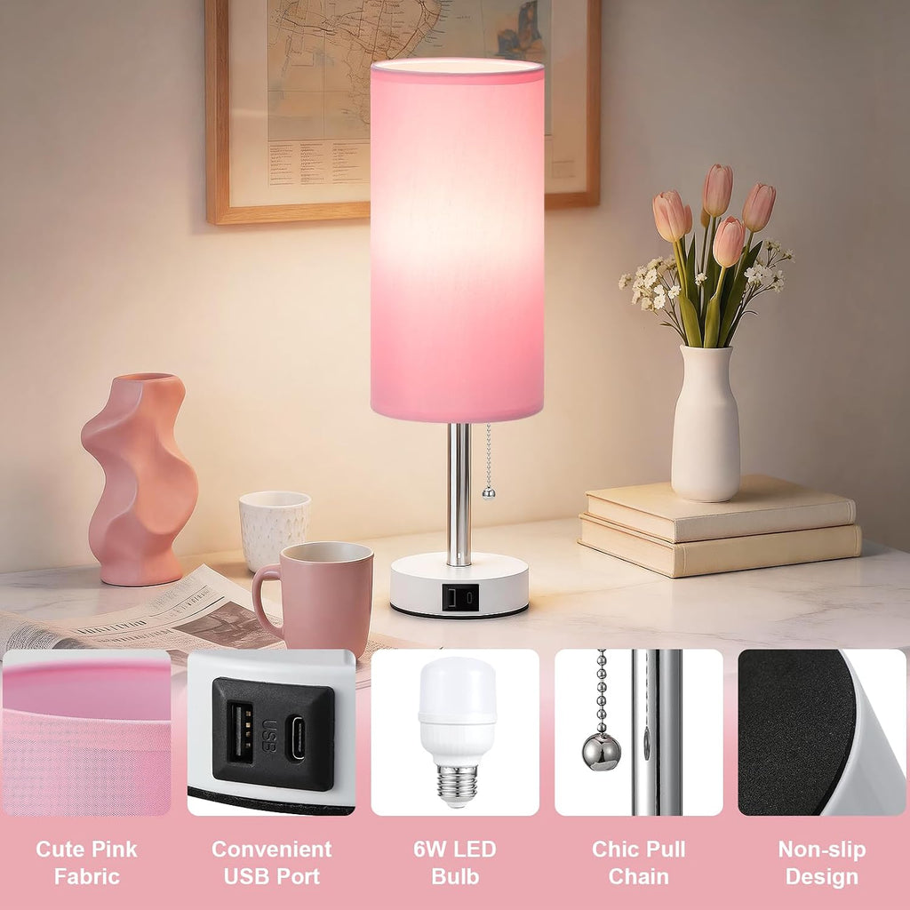 Dicoool Pink Bedside Table Lamp for Bedroom, Small Nightstand Lamp for Girls Kids, 3 Color Temperatures & USB Charging Port, Cute Desk…