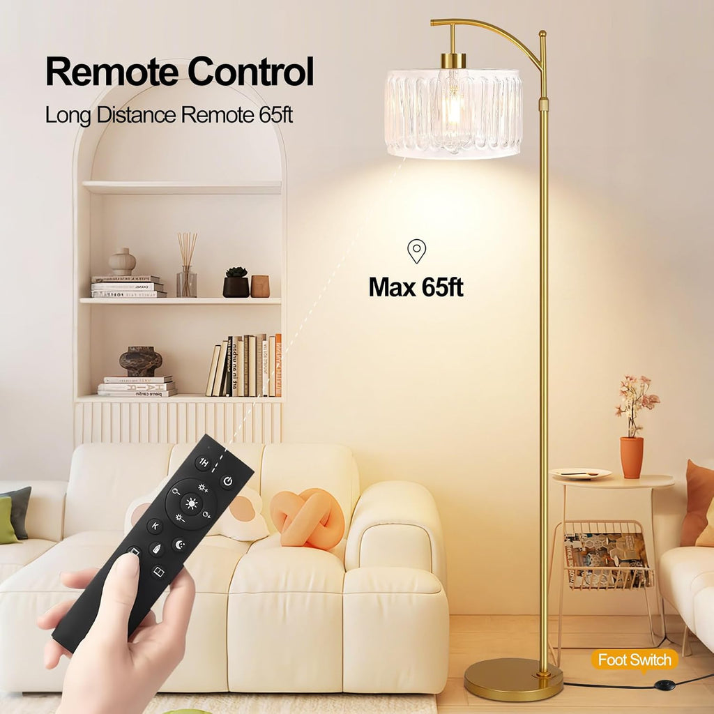 QIYIZM Glass Floor Lamp for Living Room, Bedroom, Gold Dimmable Standing Lamp with Remote, Brass White Tall Lamp Boho Mid Century Modern…