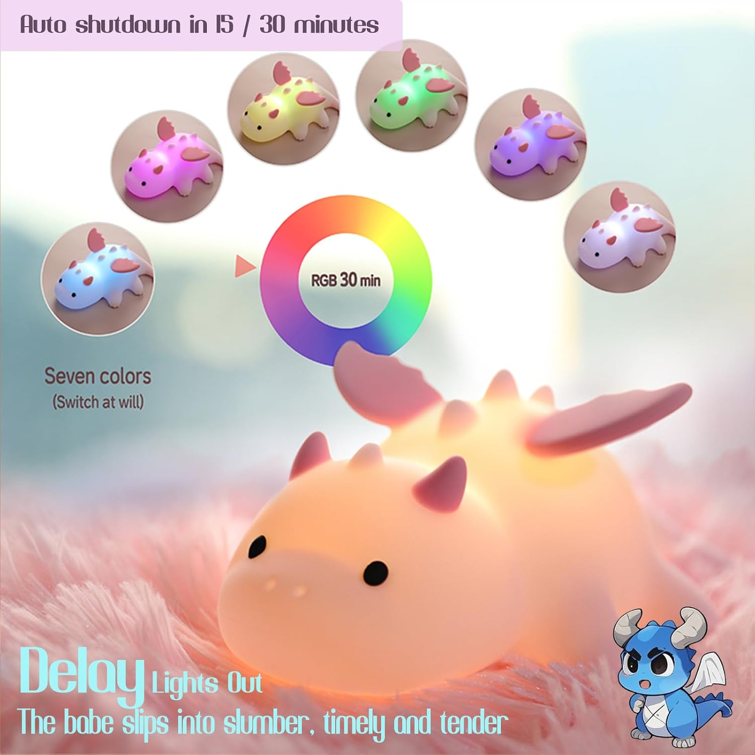 Dragon Night Light, Cute Pink Dragon Gifts, Soft Silicone Lamp with 3 Level Warm Light and RGB Changing, Breastfeeding Nursery Portable…