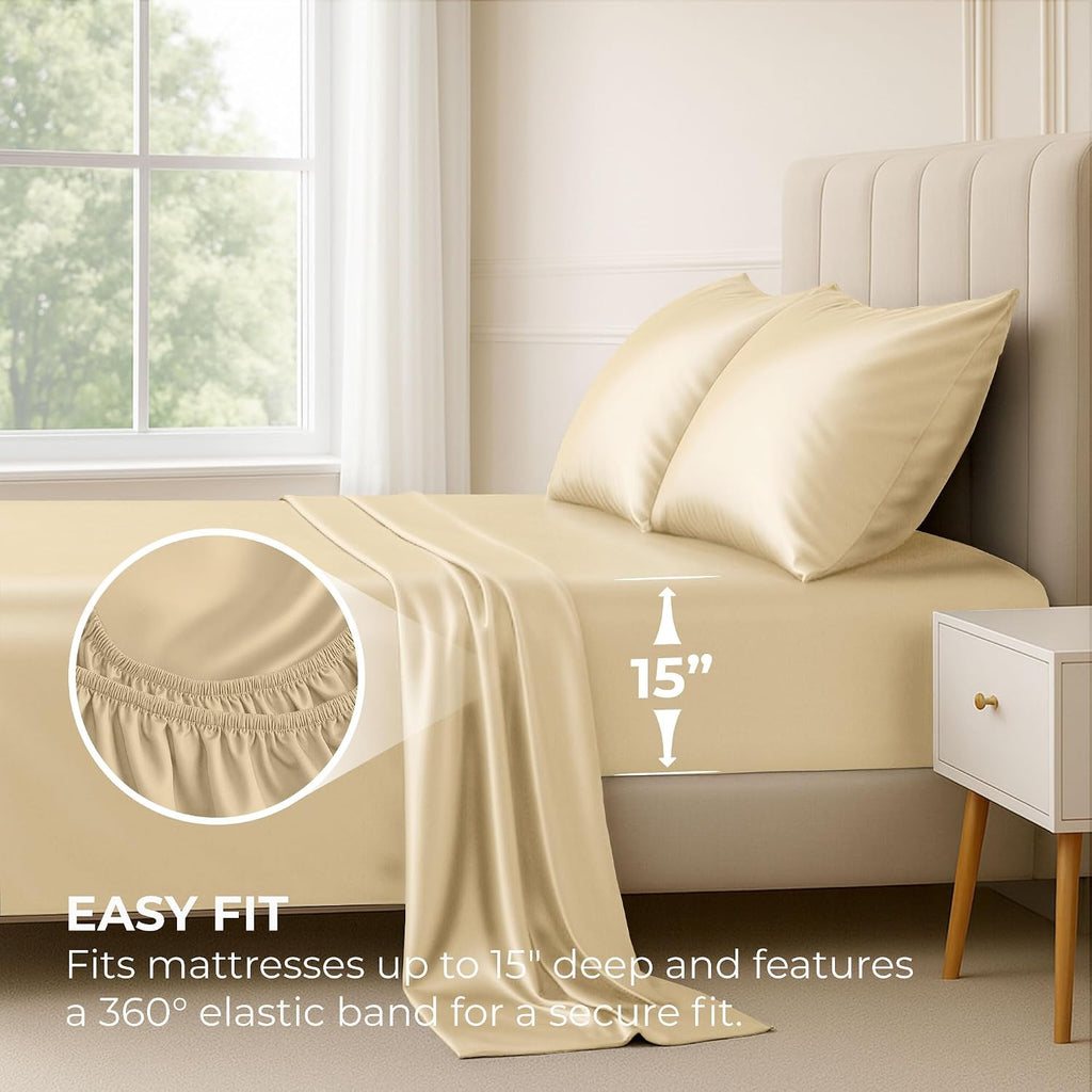 PureBedding Satin Sheets California King [4-Piece, Ivory] Luxury Silky Bed Sheets - Extra Soft 1800 Microfiber Sheet Set, Wrinkle, Fade, St…