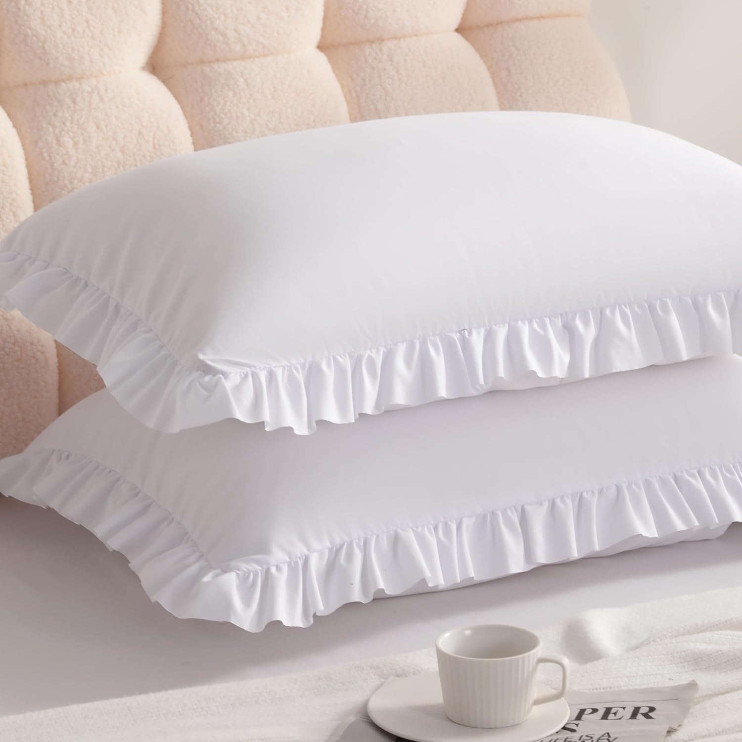 Aerlomi Ruffled Pillowcases, King Pillow Shams 20x36 Set of 2, Brushed Microfiber with Envelope Closure, Soft Wrinkle-Resistant, Whi…