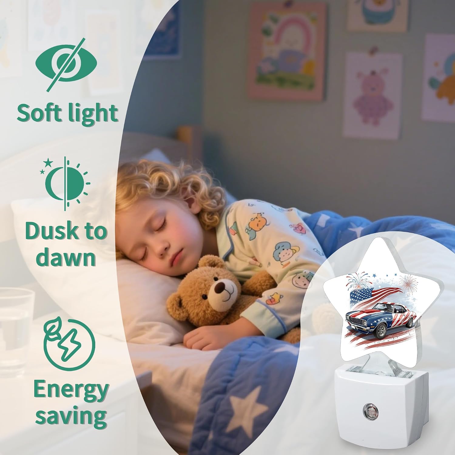Star Night Light Plug in, American Flag Dusk to Dawn Sensor Night Light, Soft Glow Lamp for Kids Bedroom Nursery Hallway Bathroom, Energy…