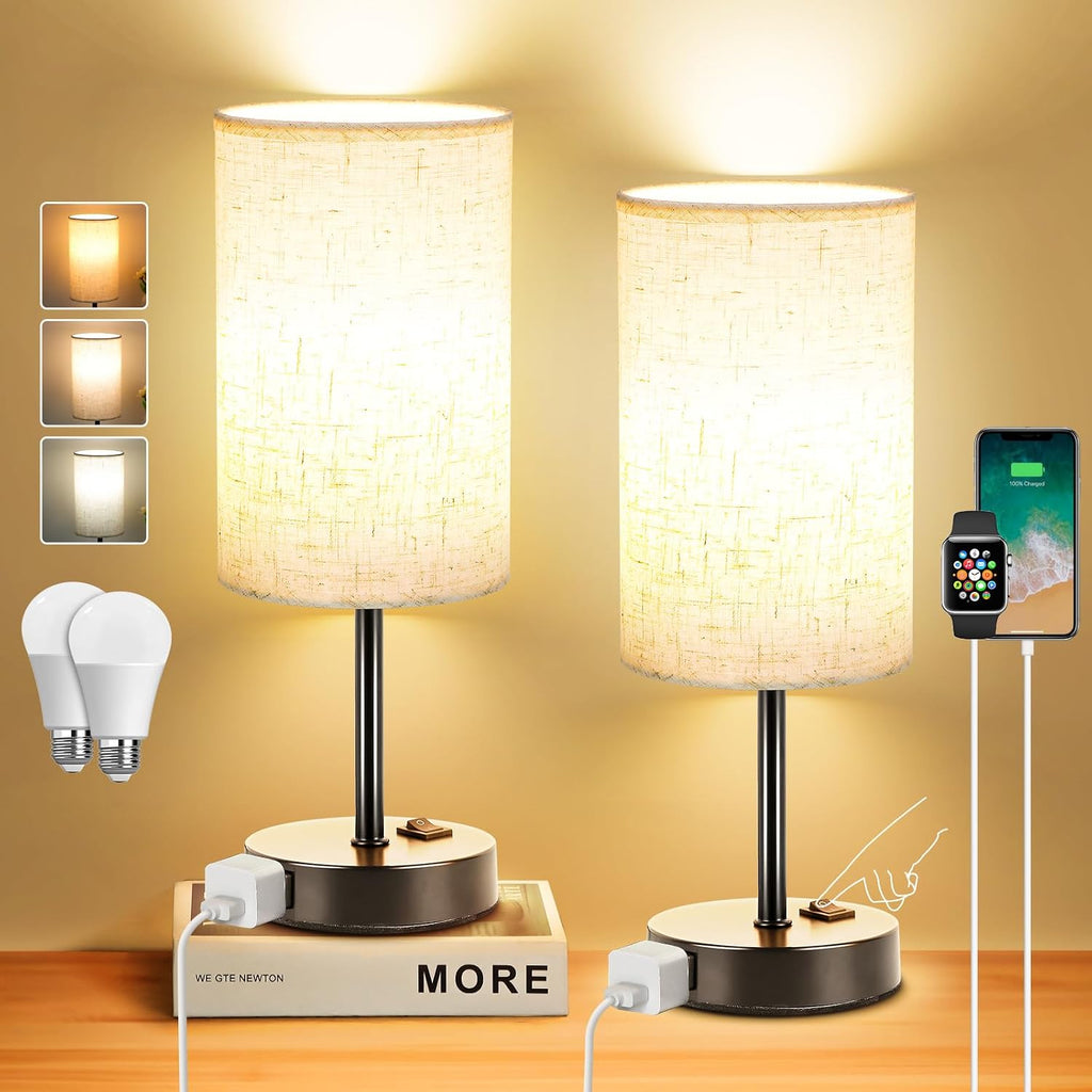 ZJOJO Table Lamp for Bedroom Set of 2, Bedside Small Lamps with 3 Way Dimmable Rocker Switch and AC Outlet, Nightstand Desk Lamp with…