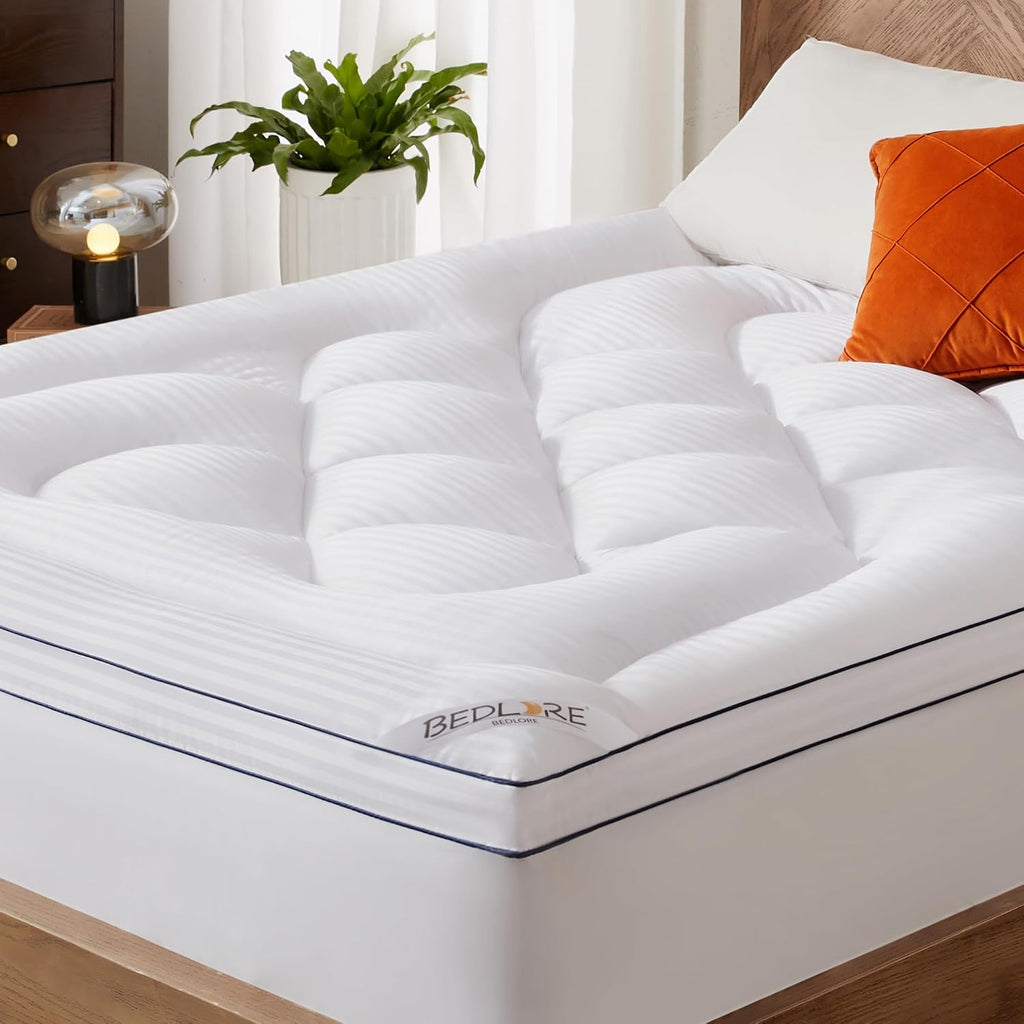 Bedlore Twin XL Mattress Topper, Thick Pillow Top Pad for Back, Cooling Soft Mattress Cover with Deep Pockets 6-15 inch 15 inch White