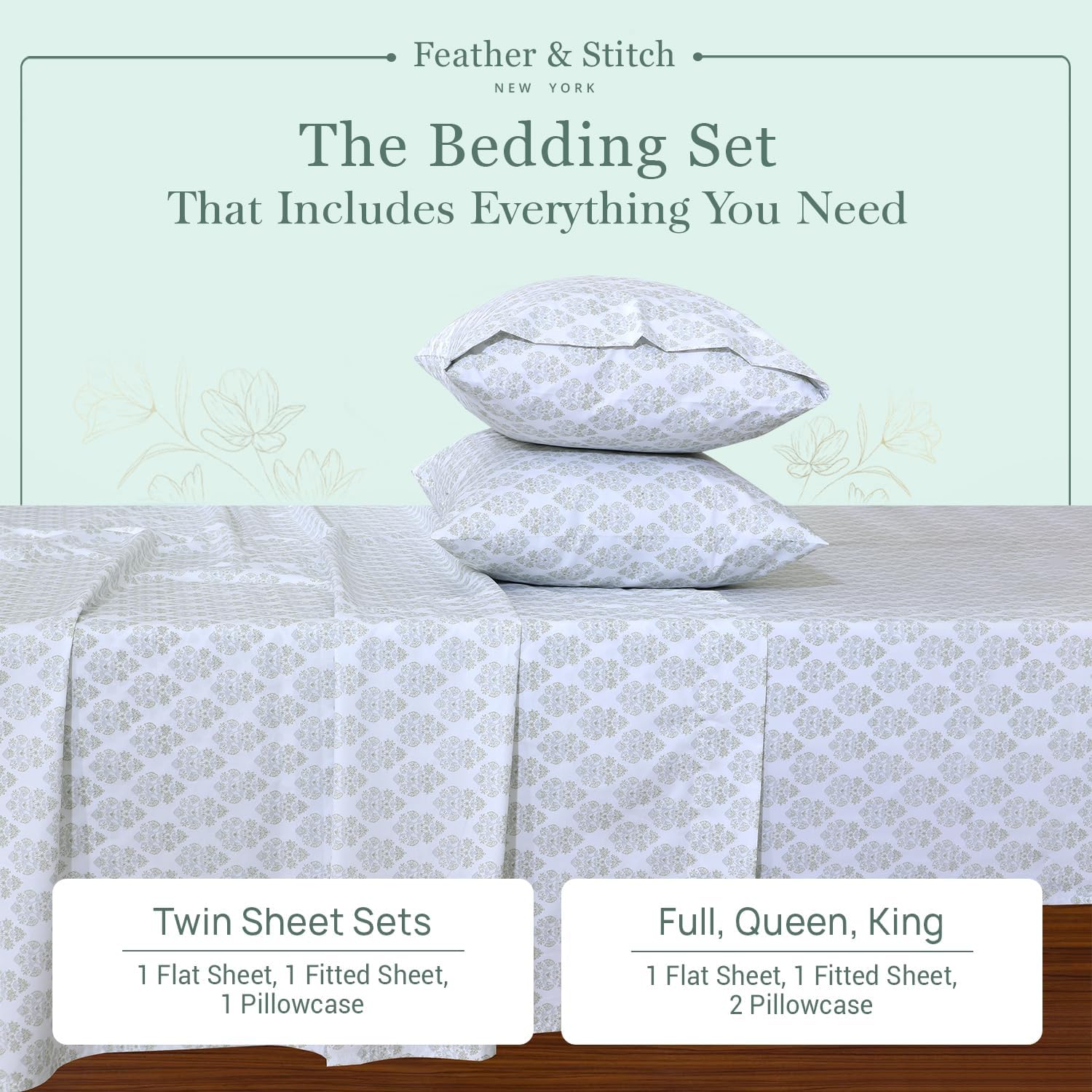 Featherstitchnewyork Feather & Stitch Softest 100% Cotton Sheets, 300 Thread Count Percale Weave Bedding, 16" Deep Pocket, Cooling Sheets,…