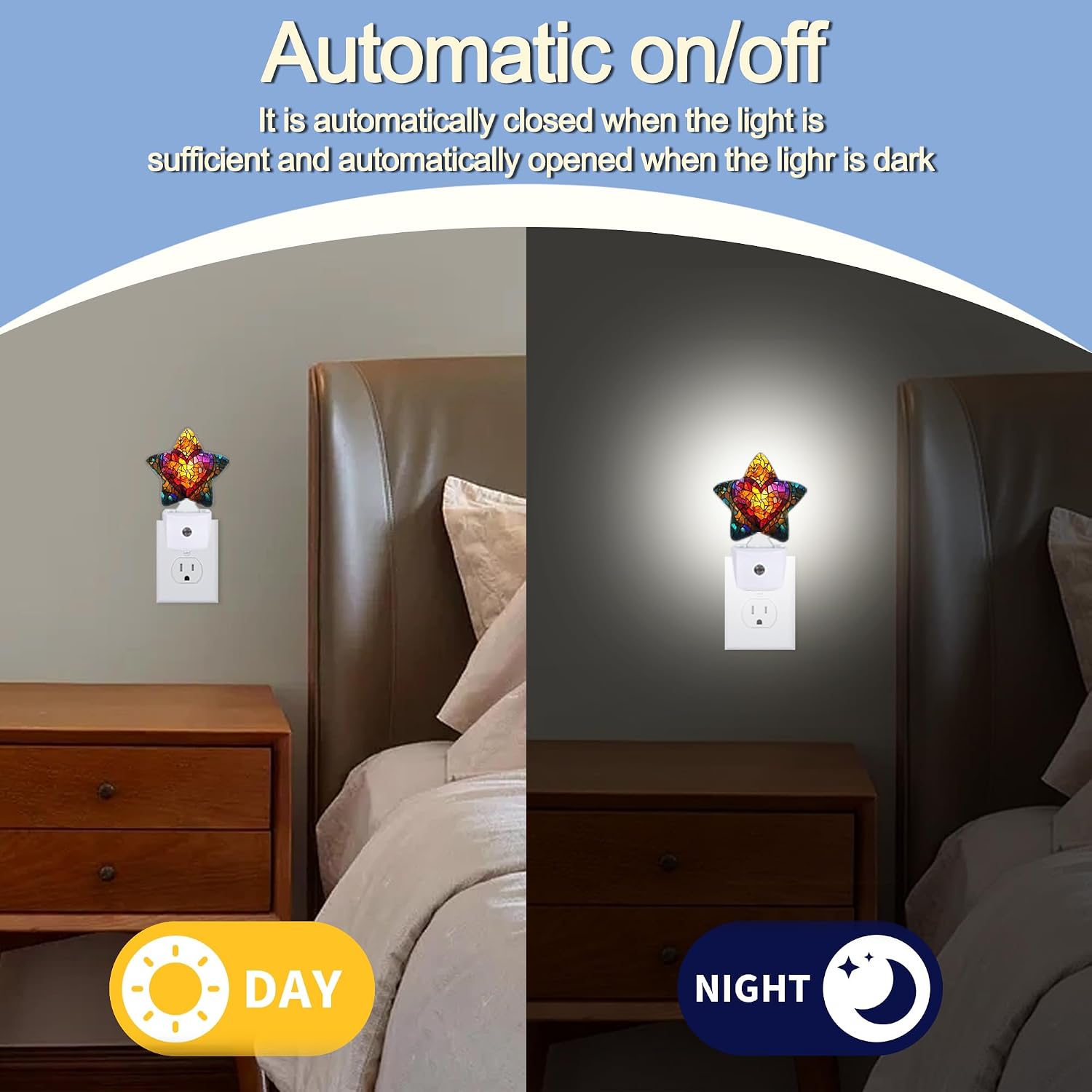 Snowmolle Love Heart Stained Glass Night Lights Plug Into Wall, Abstract Star Night Light for Kids, Nightlight with Dusk to Dawn Smart Sensor…