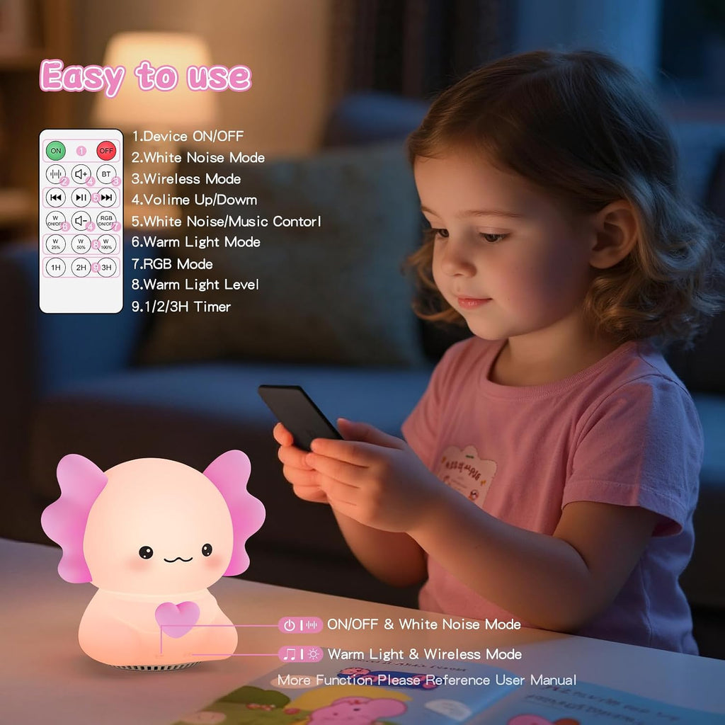 Icarerfamily Axolotl White Noise Machine for Baby Sleep - Portable Night Light Sound Soother with 20 Sleep Sounds, Wireless Speaker, Color…