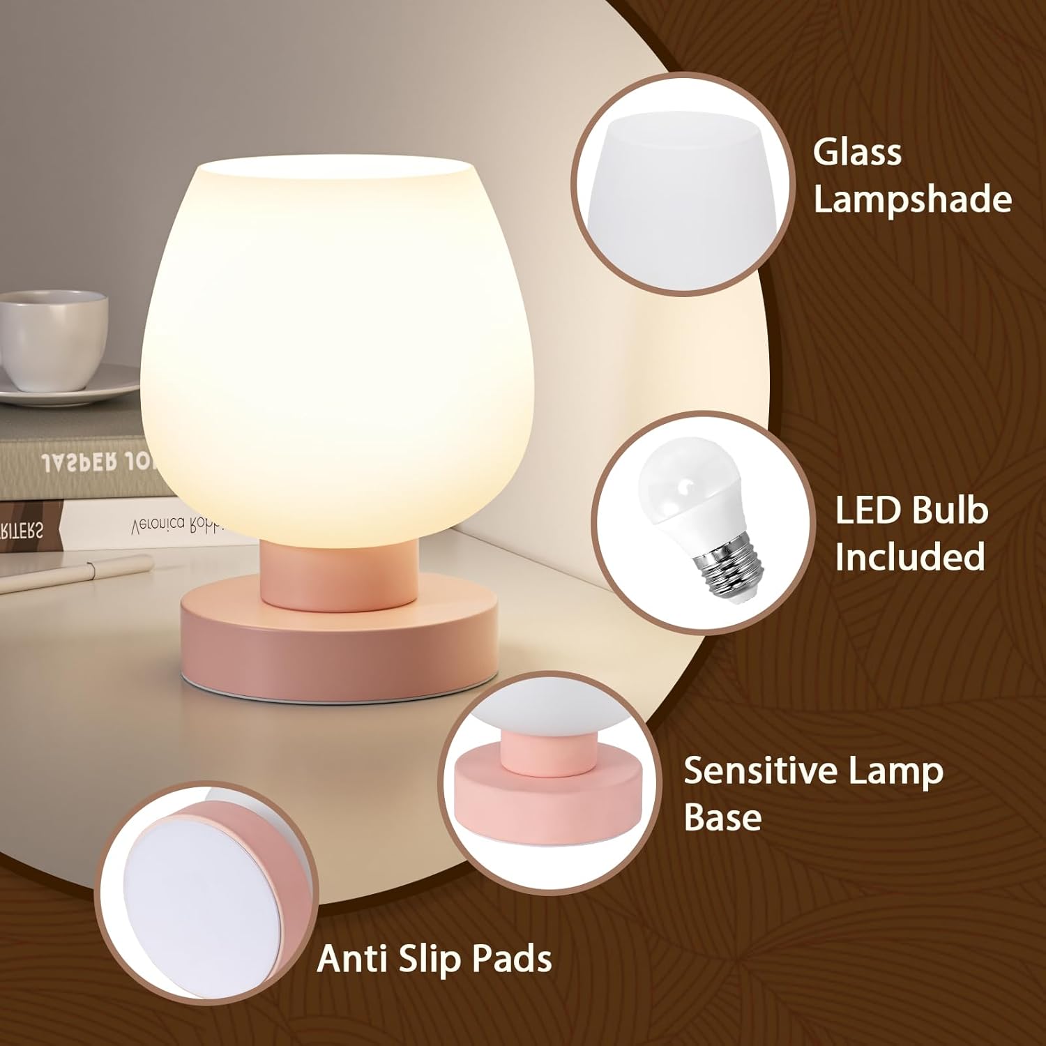 Seealle Pink Touch Table Lamp for Nightstand - Small Bedside Lamp for Bedroom Living Room Night Stands, Desk Lamp with White Glass Shade…