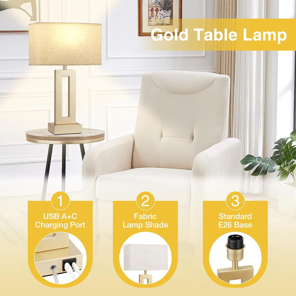 Seealle Bedroom Table Lamps Set of 2 - Beige Gold Touch Bedside Lamps with USB C+A, 3 Way Dimmable Gold Lamp for Nightstand, Modern Night…