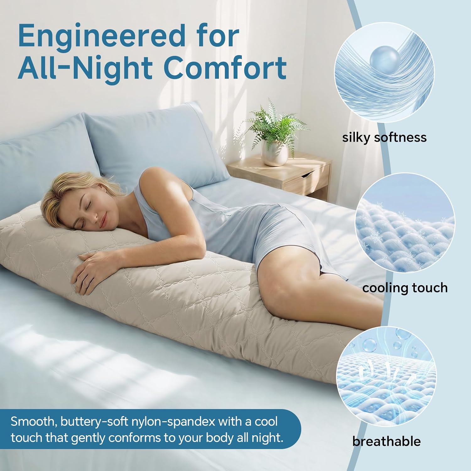 Bedelite Cooling Body Pillow for Adults, Creative Ultra Soft Cool-Touch Quilted Nylon-Spandex Body Pillow Cover, Adjustable Memory Foam Lon…