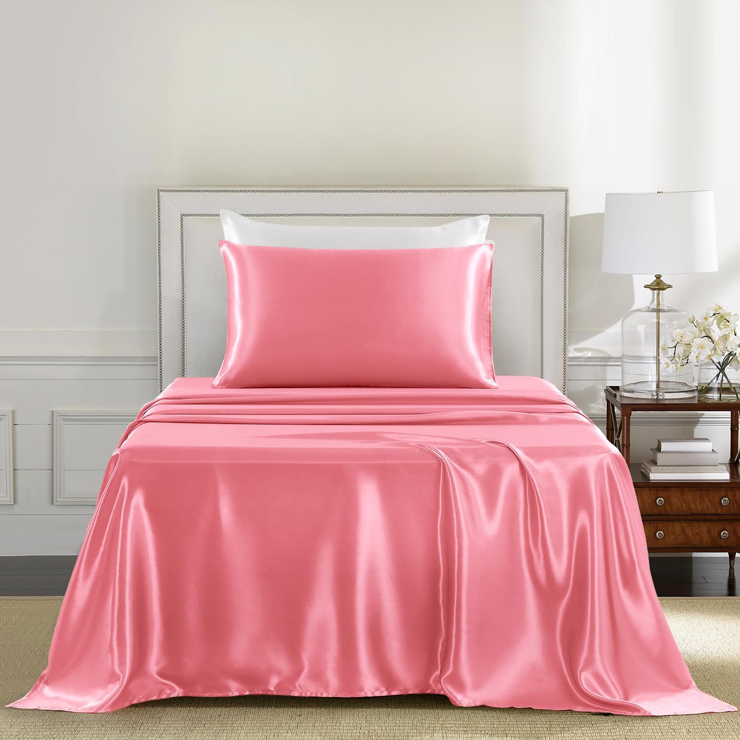 Golal Satin Sheets Twin XL Size - 3 Pieces Luxury Silky Soft Bed Sheets, Wrinkle-Free Pink Satin Silk Sheet Set with 1 Deep Pocket Fitted S…