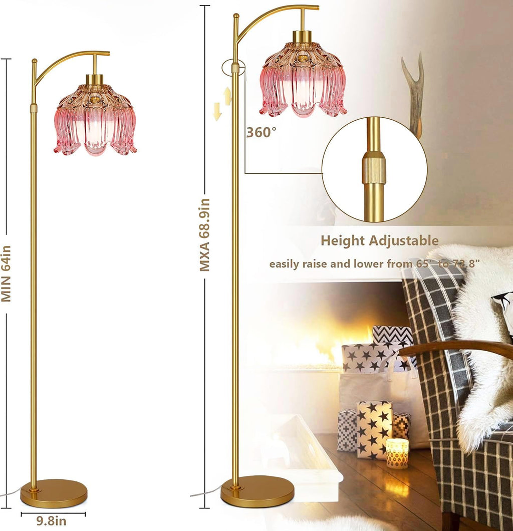 QIYIZM Pink Floor Lamp for Living Room, Bedroom, Glass Gold Dimmable Standing Lamp with Remote, Mid Century Modern Brass Tall Lamp Boho…