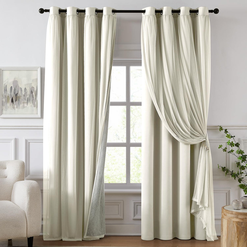Swandream Blackout Curtains for Bedroom, Double Layer Ivory Curtains, Black Out Curtain 90 inch Long with Sheer Overlay for Living Room, Ro…
