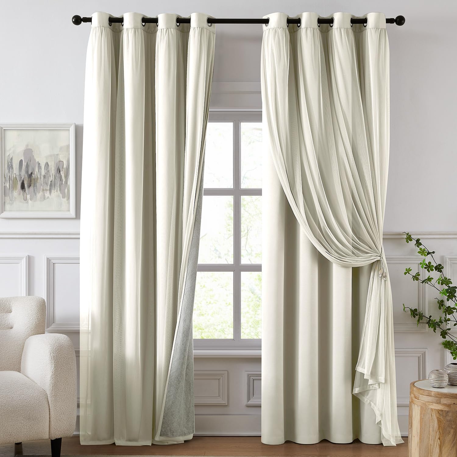 Swandream Blackout Curtains for Bedroom, Double Layer Ivory Curtains, Black Out Curtain 90 inch Long with Sheer Overlay for Living Room, Ro…
