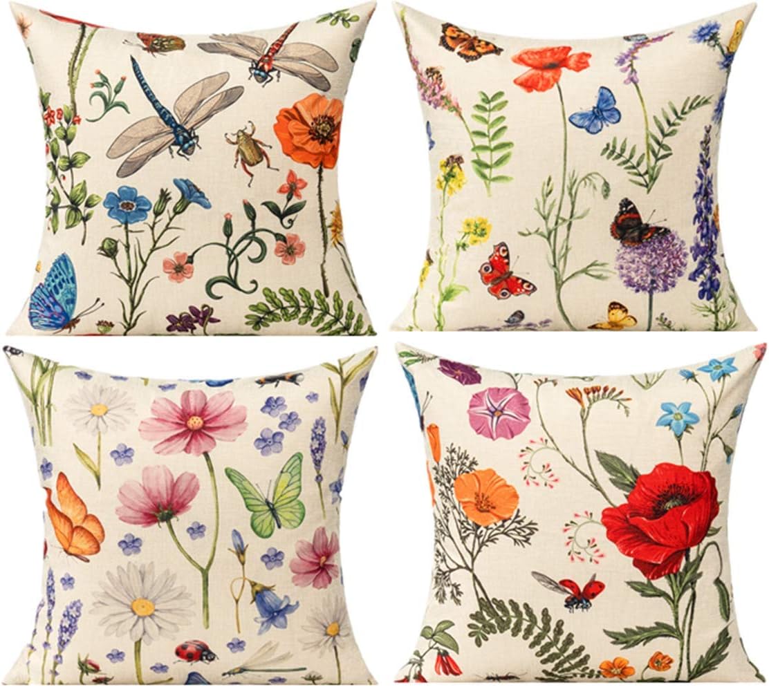 All Smiles Outdoor Patio Throw Pillow Covers 18x18 Set of 4 Spring Summer Garden Flowers Farmhouse Décor Outside Furniture Bench Chair…
