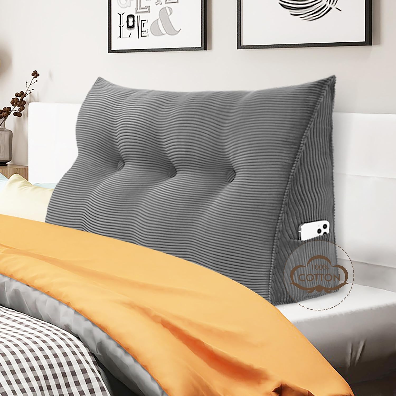 WOWMAX Triangular Headboard Pillow Twin Dorm Headboard Twin XL Bed Wedge Pillow Bolster for Bed with Removable Cover, Corduroy Grey