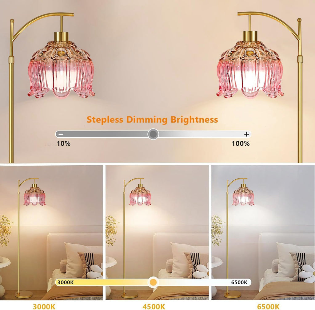 QIYIZM Pink Floor Lamp for Living Room, Bedroom, Glass Gold Dimmable Standing Lamp with Remote, Mid Century Modern Brass Tall Lamp Boho…
