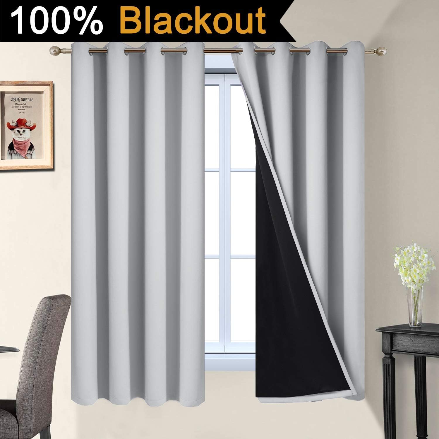 Yakamok 100% Blackout Lined Panels, Thermal Insulated Blackout Curtains for Bedroom, Heat Blocking Drapes for Living Room(52Wx63L, Light Gr…