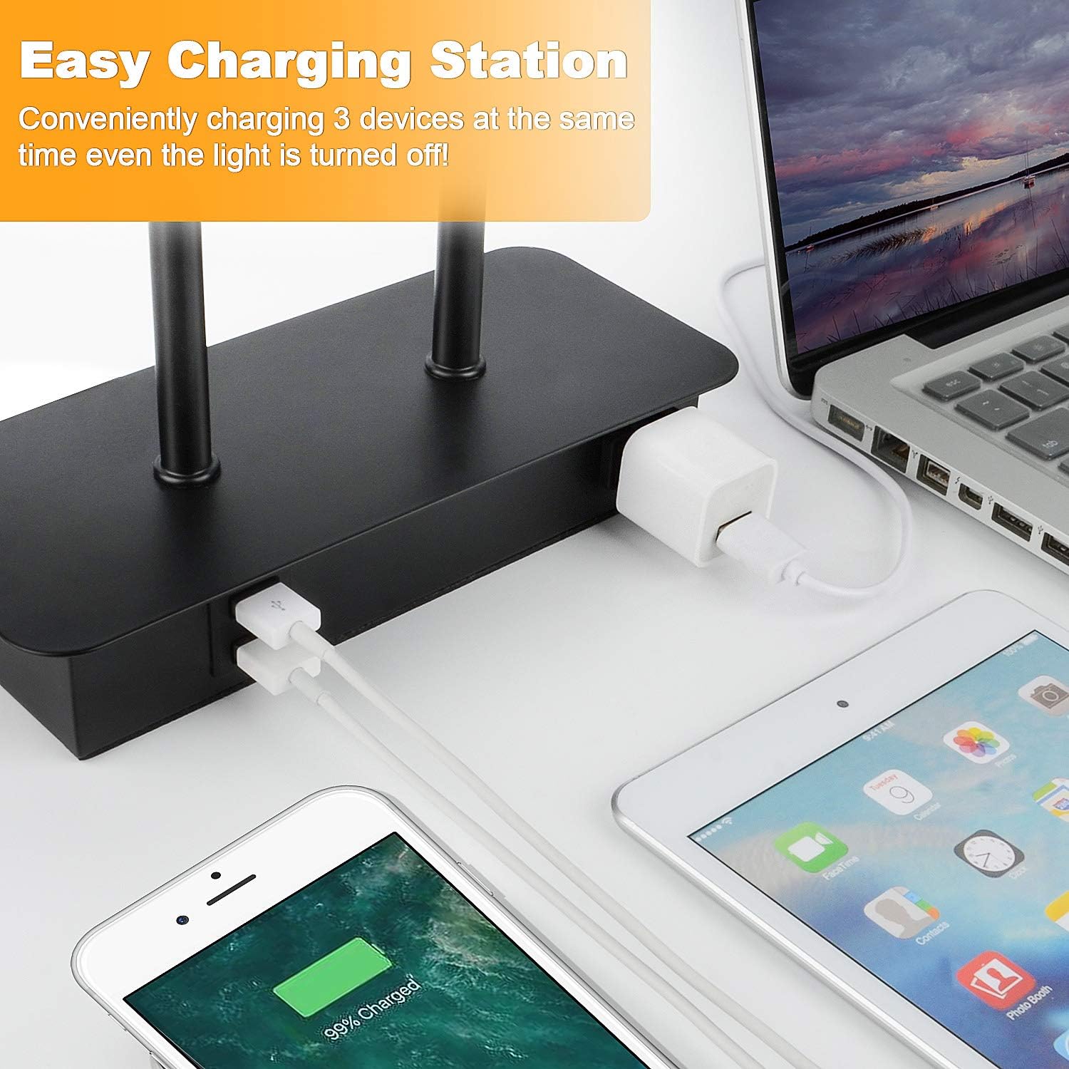 16.1'' 3-Way Dimmable Touch Control Table Lamp with USB Ports and AC Power Outlet Modern Bedside Nightstand Lamp Fabric Shade and Metal…